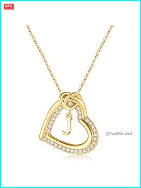 14K Gold Plated Heart Initial Necklace Cubic Zirconia Pendant